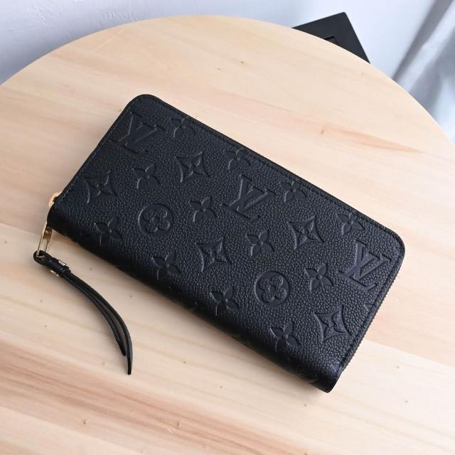 【Louis Vuitton 路易威登】LV M61864 經典花紋全皮革壓紋拉鍊發財零錢長夾.黑(現貨)