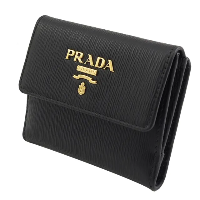 【PRADA 普拉達】經典浮雕LOGO水波紋雙面小零錢短夾(黑)