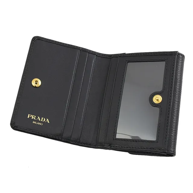 【PRADA 普拉達】經典浮雕LOGO水波紋雙面小零錢短夾(黑)