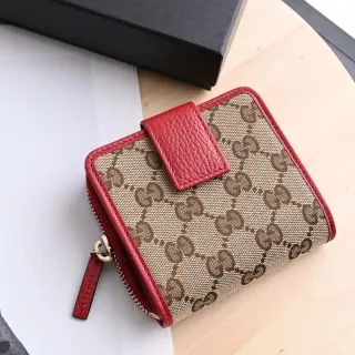【GUCCI 古馳】經典雙G緹花布雙面扣式零錢短夾(駝/紅)