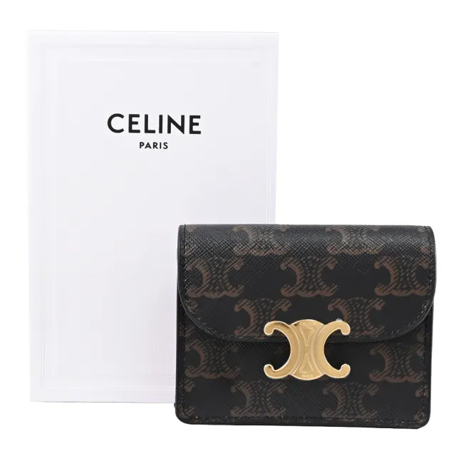 【CELINE】TRIOMPHE 金屬LOGO印花拼接信用卡雙層零錢包(深咖)