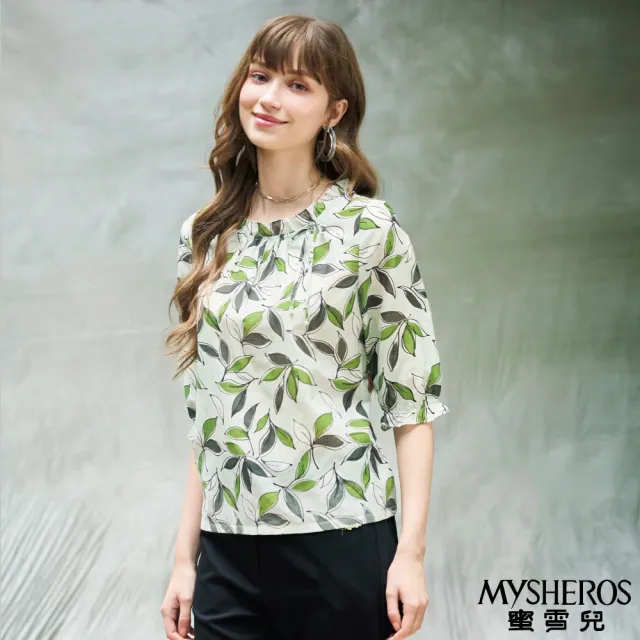 【MYSHEROS 蜜雪兒】絲棉造型上衣 綠葉圖紋 荷葉邊珍珠綁帶領(綠)