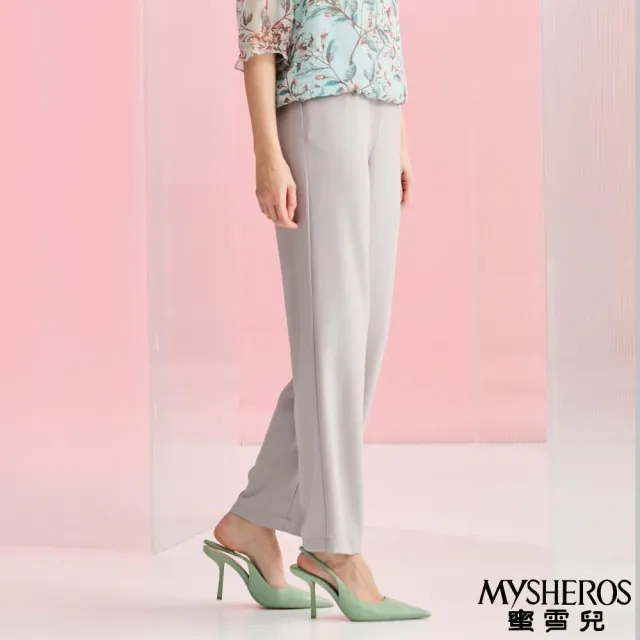 【MYSHEROS 蜜雪兒】雪紡造型直筒長褲 鬆緊金屬釦環裝飾腰頭(淺灰)