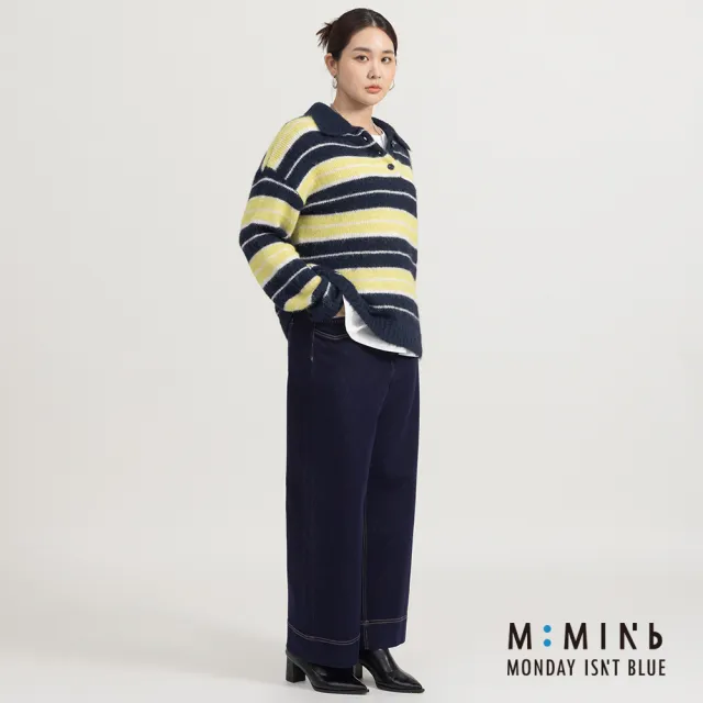 【M:MINb】纖長直腿造型車線彈性牛仔寬褲(深藍/中大尺碼女裝/大尺碼女裝/XL女裝/下著/裙子)