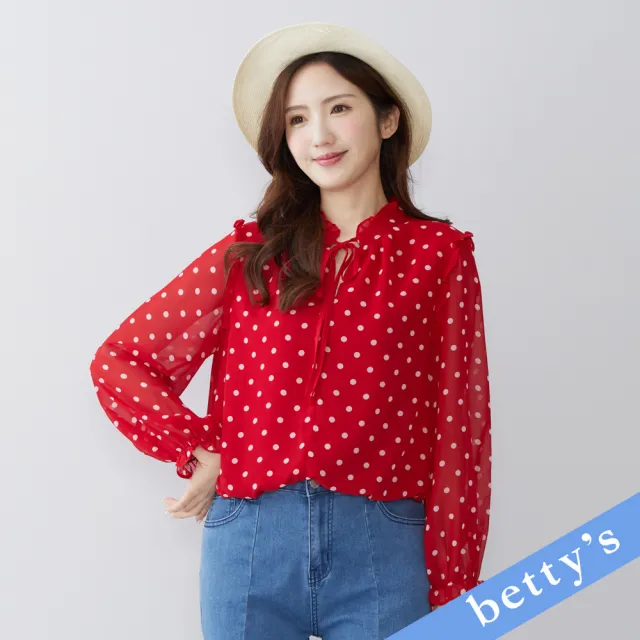 【betty’s 貝蒂思】荷葉邊領口綁帶點點雪紡上衣(紅色)(其他規格)