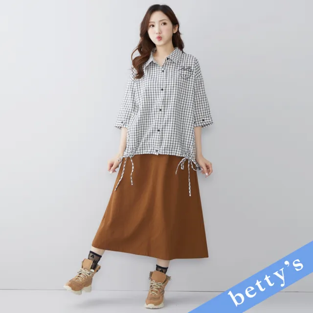 【betty’s 貝蒂思】微笑刺繡綁帶格紋七分袖襯衫(黑色)