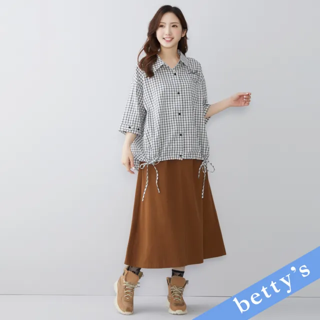 【betty’s 貝蒂思】微笑刺繡綁帶格紋七分袖襯衫(黑色)