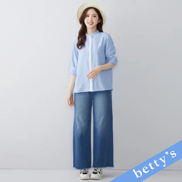 【betty’s 貝蒂思】撞色直條紋刺繡圓領襯衫(藍色)