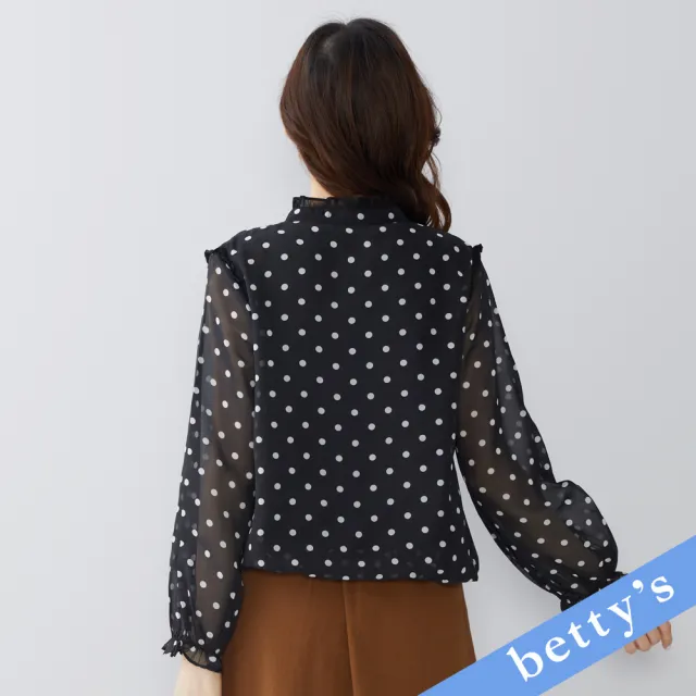 【betty’s 貝蒂思】荷葉邊領口綁帶點點雪紡上衣(黑色)