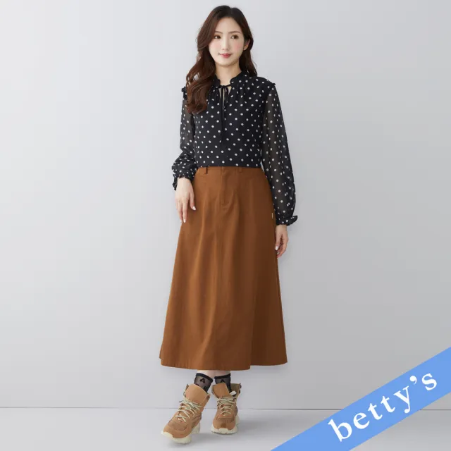 【betty’s 貝蒂思】荷葉邊領口綁帶點點雪紡上衣(黑色)