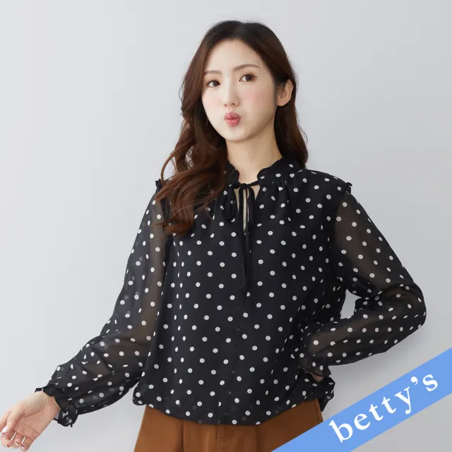 【betty’s 貝蒂思】荷葉邊領口綁帶點點雪紡上衣(黑色)