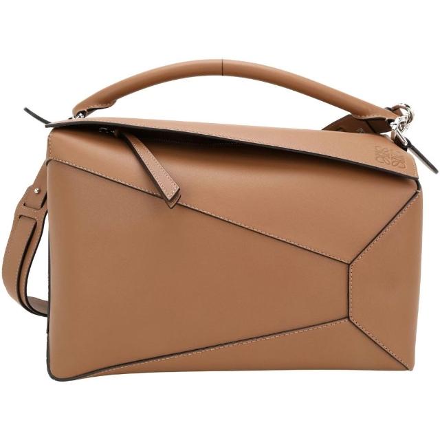 【LOEWE 羅威】Puzzle Edge 大型 壓紋小牛皮切線手提 肩背拼圖包-棕色