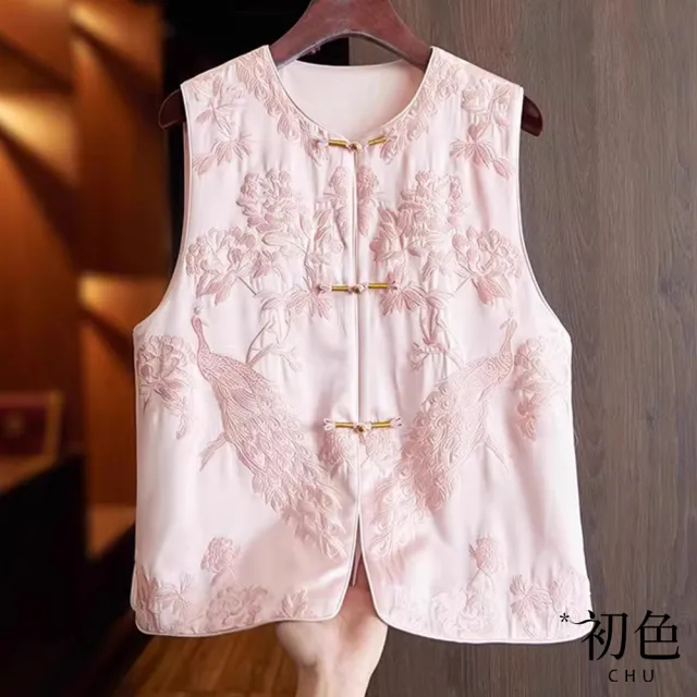 【初色】新中式中國風刺繡盤扣圓領無袖背心女背心-共3色-10147(M-2XL可選)