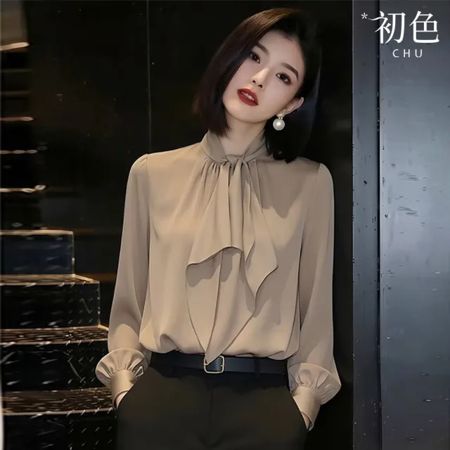 【初色】通勤風輕奢純色飄帶領長袖雪紡衫上衣女上衣-卡其色-18965(M-2XL可選)