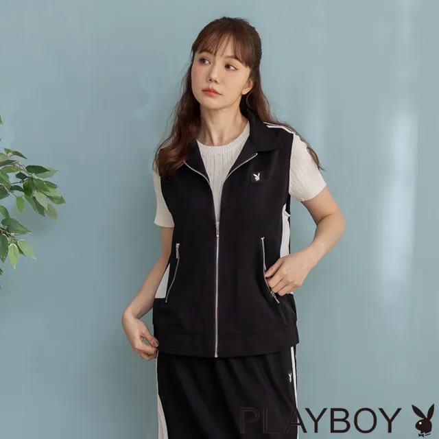 【PLAYBOY】黑白流線涼感拉鍊背心 - 黑色
