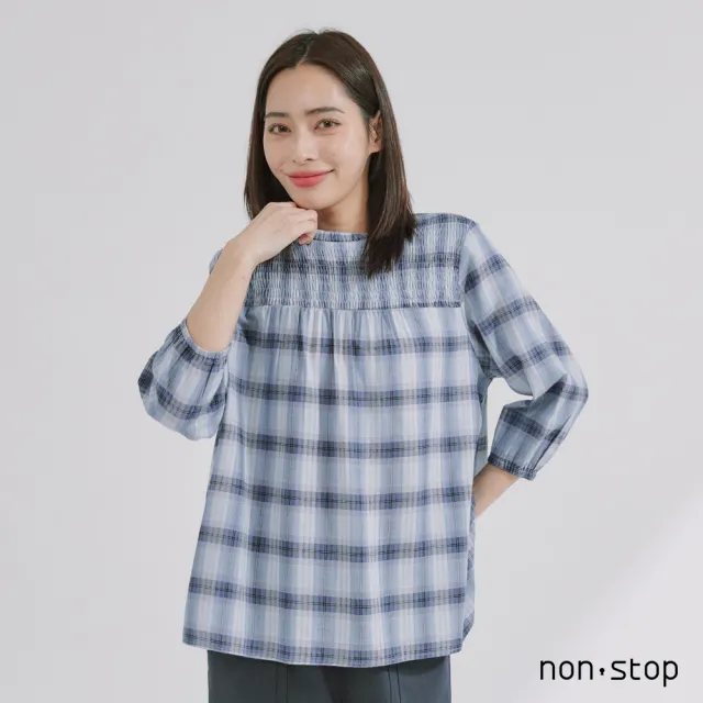 【non-stop】柔霧格紋抓皺立領上衣-2色
