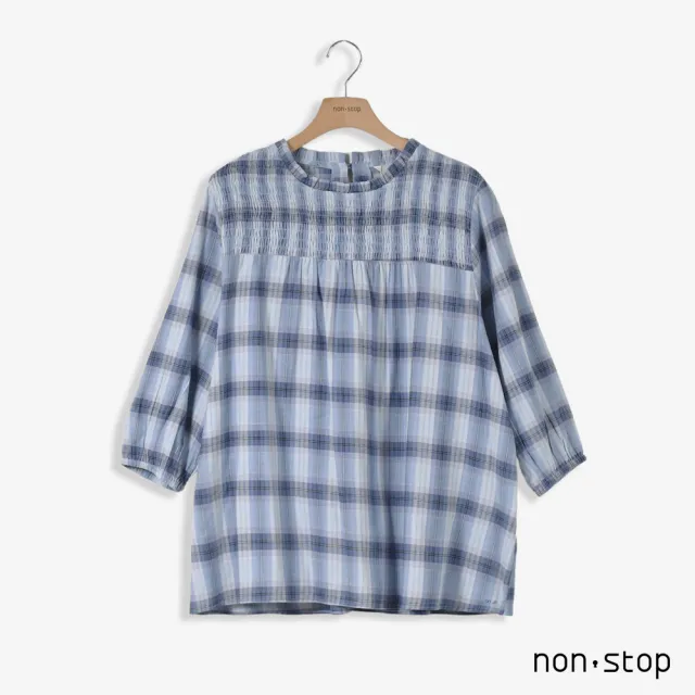 【non-stop】柔霧格紋抓皺立領上衣-2色