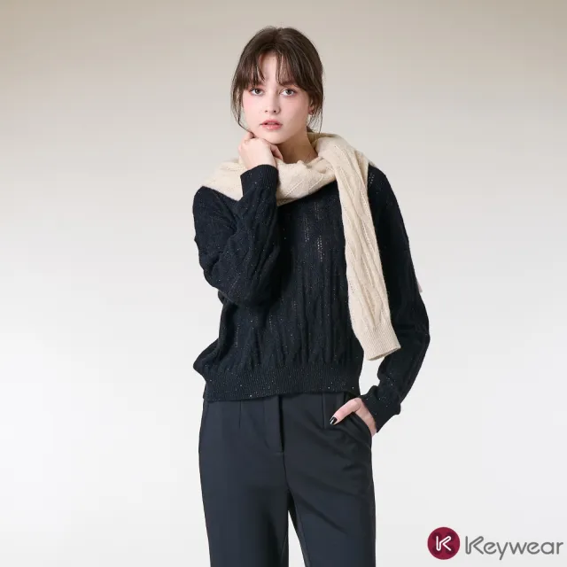 【KeyWear 奇威名品】微光金蔥羊絨麻花長袖毛衣(共3色)