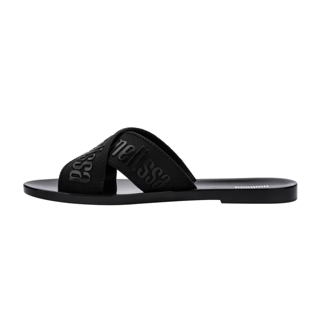 【Melissa】LOGO雙帶交叉平底拖鞋(黑色)