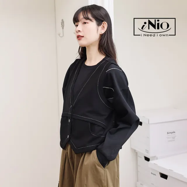 【iNio 衣著美學】西裝式V領背心外套 對稱式剪裁 縫線裝飾 西式下襬 V領背心 CEW4822