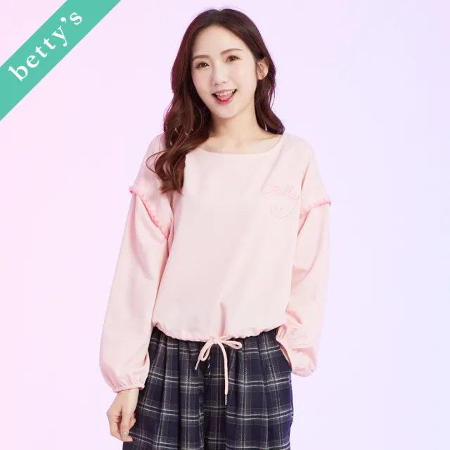 【betty’s 貝蒂思】微笑刺繡抽繩短版長袖上衣(粉色)