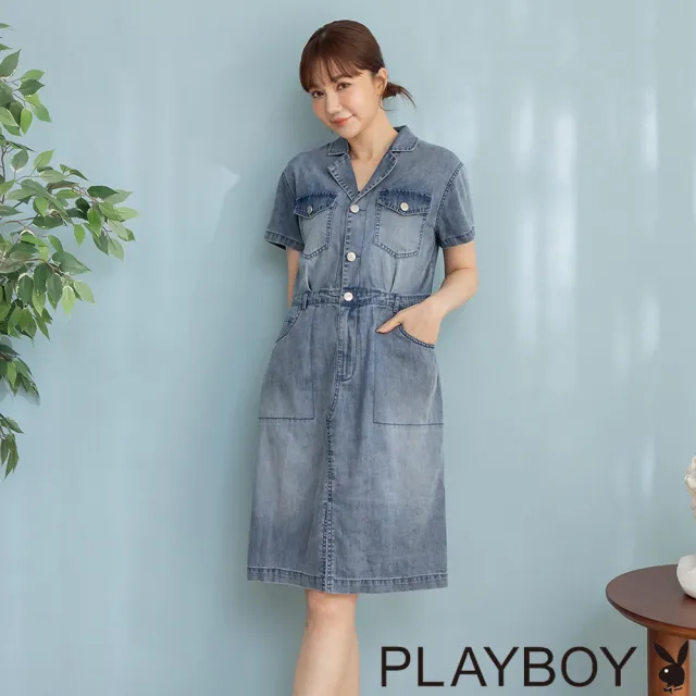 【PLAYBOY】工裝風短袖牛仔洋裝 - 牛仔藍