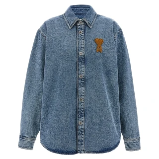 【AMI PARIS】春夏新款 男女同款 煙草色鉤針LOGO 按扣襯衫-牛仔藍色(XXS號、XS號、S號、M號、L號、XL號)