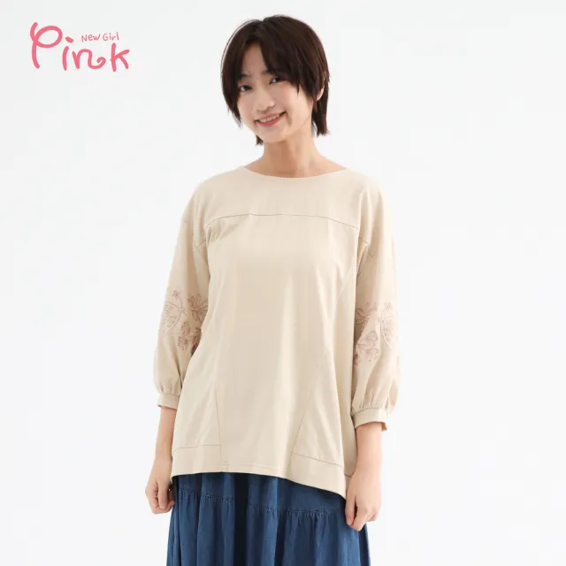 【PINK NEW GIRL】花草系刺繡七分袖上衣 (2色) A1302AC