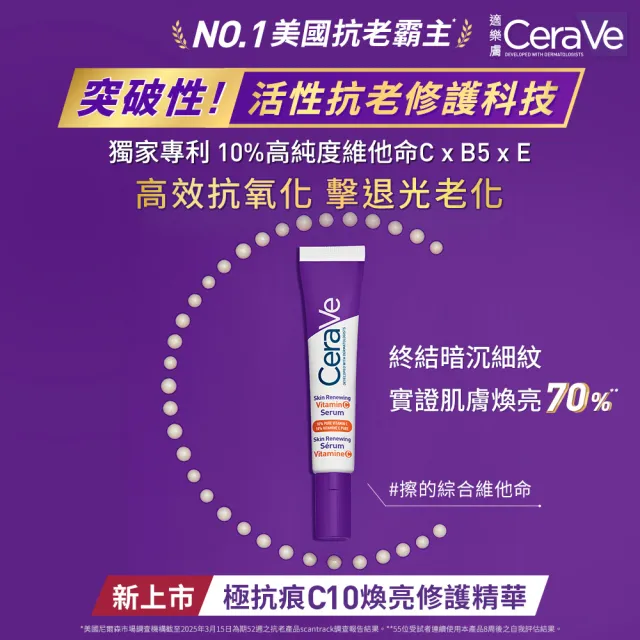 【CeraVe 適樂膚】全新上市煥亮保濕組★極抗痕C10煥亮修護精華 30ml*全效超級修護乳 52ml(煥亮修護)