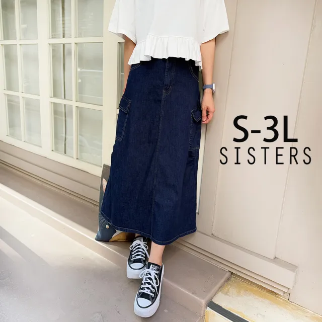 【SISTERS】大口袋工裝水洗丹寧長裙 牛仔裙/S-3L(女下著/裙子/裙裝/顯瘦/中長裙/工裝)