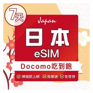 【環亞電訊】eSIM日本7天吃到飽(日本網卡 docomo 原生卡 吃到飽 不降速 日本 網卡 沖繩 大阪 北海道 eSIM)