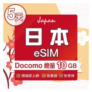 【環亞電訊】eSIM日本5天總流量10GB(日本網卡 docomo 原生卡 日本 網卡 沖繩 大阪 北海道 東京 eSIM)