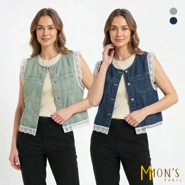 【MON’S】拼接蕾絲牛仔背心(直)