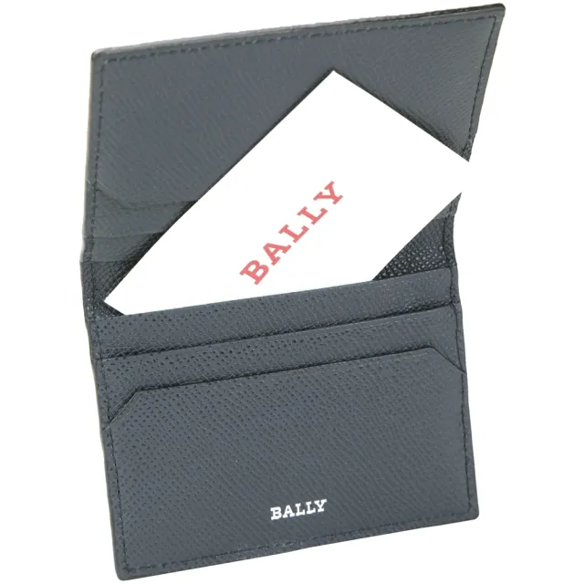 【BALLY】Talder 黑白條紋壓紋牛皮對折卡片夾-深藍色(皮夾 卡夾)