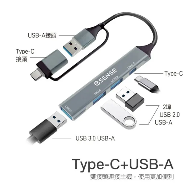 【ESENSE 逸盛】4合1 USB3.2 HUB 4埠 Type-C USB-A 轉接器 高速5Gbps 鋁合金 筆電擴充 雙接頭 集線器