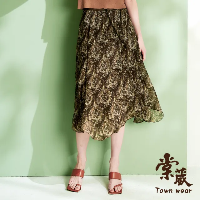 【TOWN’WEAR 棠葳】滿版圖騰雪紡中長裙(女下身/女下著/腰頭彈性/透膚/裙子)