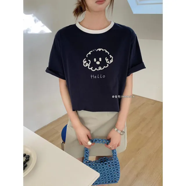 【buyer 白鵝】休閒俏皮 配色領邊立體刺繡小狗T