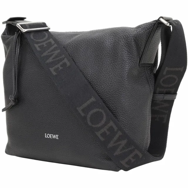 【LOEWE 羅威】Cubi 小型 粒面小牛皮緹花織斜背包-黑色