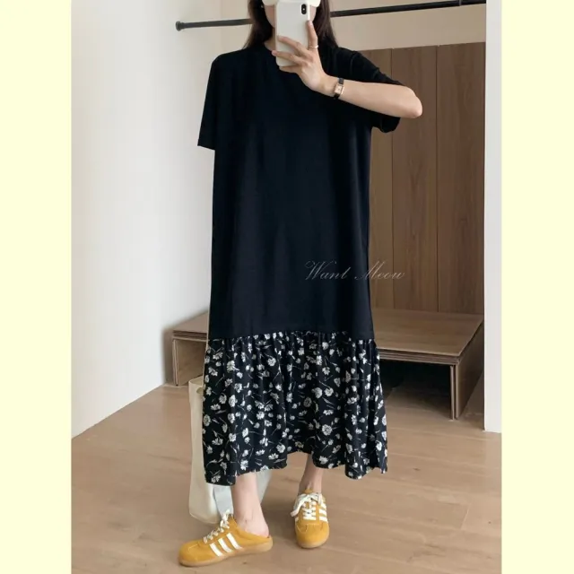 【Want-Meow】90公斤可穿/設計感太空棉寬鬆洋裝長洋裝長裙(大碼/大尺碼/加大碼/孕婦裝/連身洋裝)