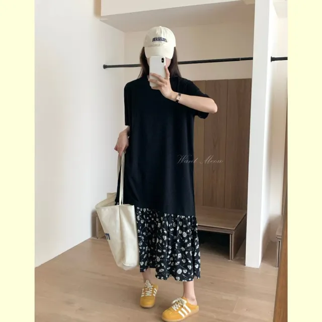 【Want-Meow】90公斤可穿/設計感太空棉寬鬆洋裝長洋裝長裙(大碼/大尺碼/加大碼/孕婦裝/連身洋裝)