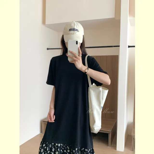 【Want-Meow】90公斤可穿/設計感太空棉寬鬆洋裝長洋裝長裙(大碼/大尺碼/加大碼/孕婦裝/連身洋裝)