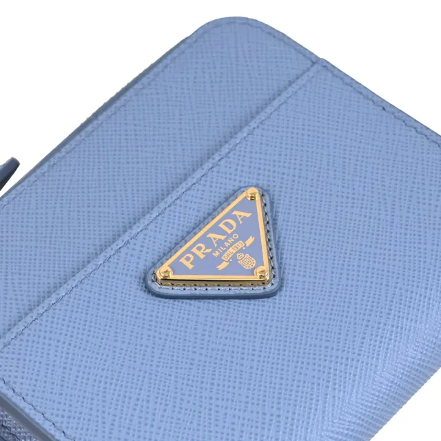 【PRADA 普拉達】簡約三角LOGO鍊條掛飾鈔票零錢包短夾(藍)