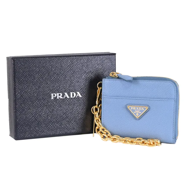 【PRADA 普拉達】簡約三角LOGO鍊條掛飾鈔票零錢包短夾(藍)