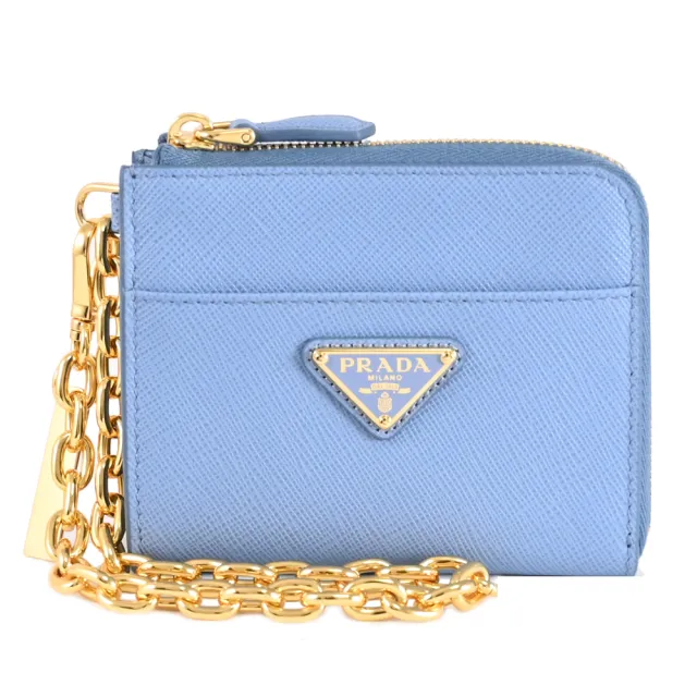 【PRADA 普拉達】簡約三角LOGO鍊條掛飾鈔票零錢包短夾(藍)