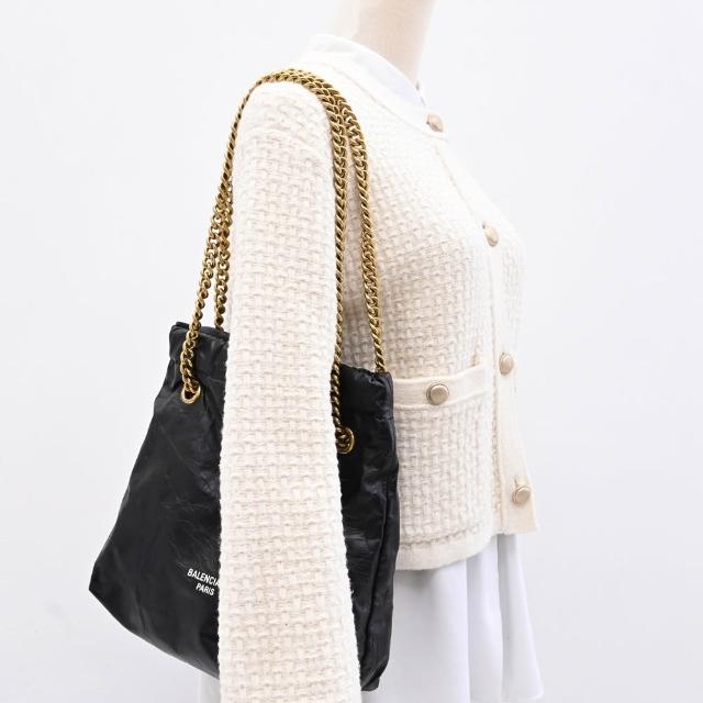 【Balenciaga 巴黎世家】CRUSH TOTE 品牌雙B字LOGO牛皮肩斜托特包鍊包(黑)