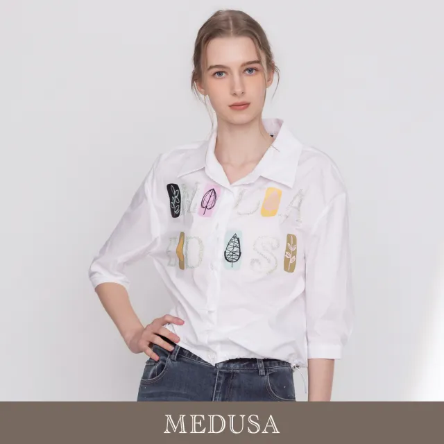【MEDUSA 曼度莎】現貨-MEDUSA 字母葉片印花抽繩襯衫（M-XL）｜印花襯衫 抽繩上衣 女長袖襯衫
