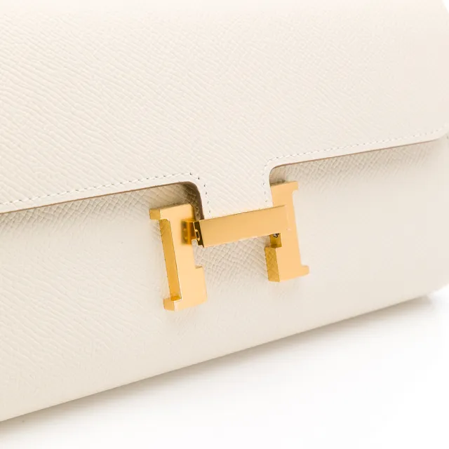 【Hermes 愛馬仕】Constance to go 皮革金屬扣長夾/斜背兩用(白/金H) (H080125CC10)