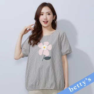 【betty&rsquo;s 貝蒂思】細直紋圓領可愛印花上衣(黑色)