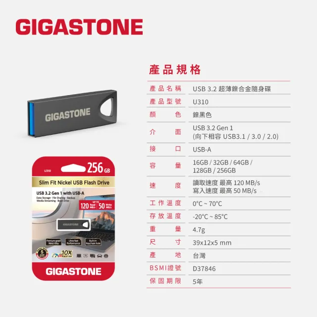 【Gigastone 立達國際】256GB USB3.2 超薄鎳合金隨身碟 隨身碟 U310 台灣製造