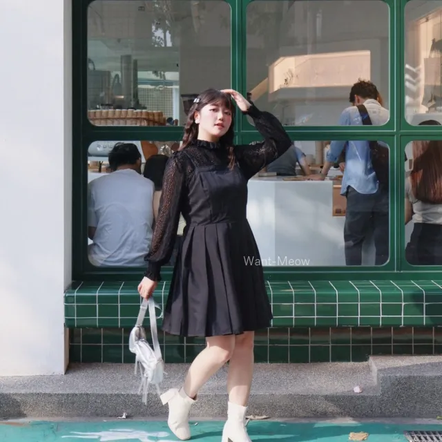 【Want-Meow】70公斤可穿/氣質日系可調肩帶百褶設計小個女孩洋裝連身裙(大碼/大尺碼/加大碼/肩帶洋裝)